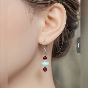 Handmade Garnet & Larimar Gemstone Dangle Earrings .925 Sterling Silver